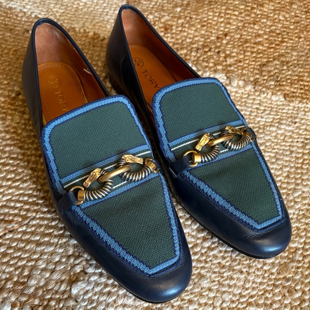 Tory Burch Jessa Knit Leather Loafer with horse bit hardware